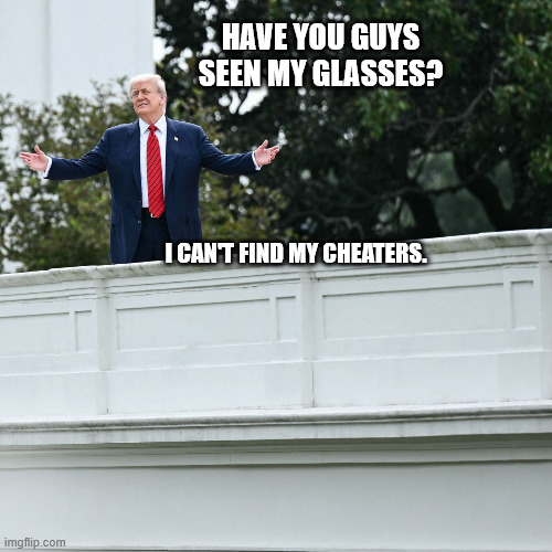 Who let grandpa have the ladder?!? | HAVE YOU GUYS SEEN MY GLASSES? I CAN'T FIND MY CHEATERS. | image tagged in trump roofies | made w/ Imgflip meme maker