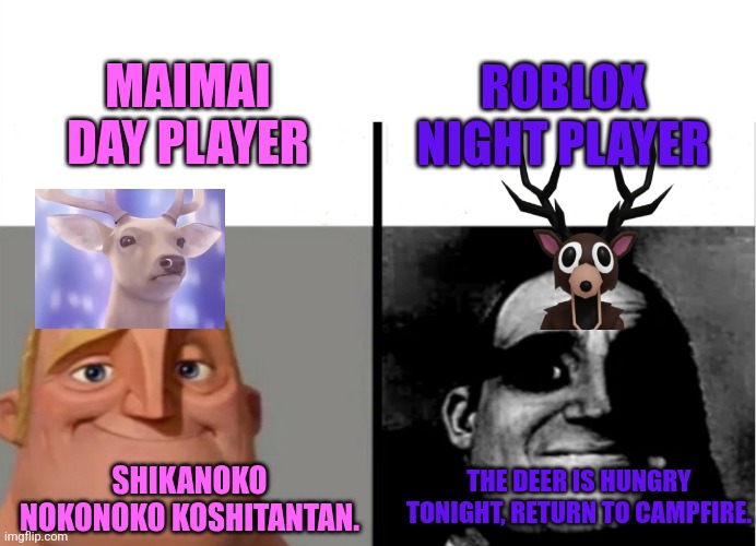 Deer in Gaming | MAIMAI DAY PLAYER; ROBLOX NIGHT PLAYER; THE DEER IS HUNGRY TONIGHT, RETURN TO CAMPFIRE. SHIKANOKO NOKONOKO KOSHITANTAN. | image tagged in deer | made w/ Imgflip meme maker