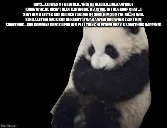 panda | GUYS....ELI WAS MY BROTHER...YHEN HE DELETED..DOES ANYBODY KNOW WHY..HE HASN'T BEEN TEXTING ME IT ANYONE IN THE GROUP CHAT .. I SENT HIM A LETTER BUT HE ONCE TOLD ME IF I SEND HIM SOMETHING...HE WILL SEND A LETTER BACK BUT HE HASN'T IT WAS A WEEK AGO WHEN I SENT HIM SOMETHING...CAN SOMEONE CHECK UPON HIM PLZ I THINK HE EITHER KHS OR SOMETHING HAPPENED | image tagged in panda | made w/ Imgflip meme maker