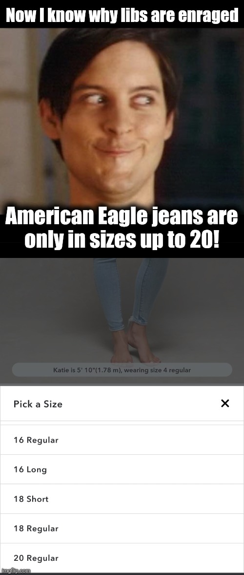 Figures | Now I know why libs are enraged; American Eagle jeans are
only in sizes up to 20! | image tagged in memes,spiderman peter parker,american eagle,democrats,size 20,outrage | made w/ Imgflip meme maker