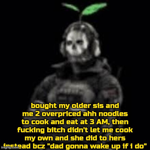 ghost plant | bought my older sis and me 2 overpriced ahh noodles to cook and eat at 3 AM, then fucking bitch didn't let me cook my own and she did to hers instead bcz "dad gonna wake up if i do" | image tagged in ghost plant | made w/ Imgflip meme maker