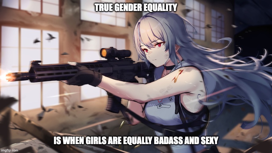 Non-woke gender equality | TRUE GENDER EQUALITY; IS WHEN GIRLS ARE EQUALLY BADASS AND SEXY | image tagged in woke,america,conservative,gun rights,based,sexy girl | made w/ Imgflip meme maker