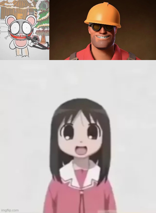 they all stare into your soul and smile | image tagged in rinny with a crossbow,osaka is scary uncropped,engineer tf2 | made w/ Imgflip meme maker