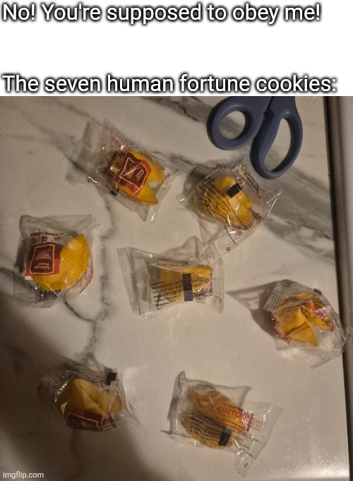 I love getting sent undertale references by the chinese place | No! You're supposed to obey me!
 
 
The seven human fortune cookies: | made w/ Imgflip meme maker