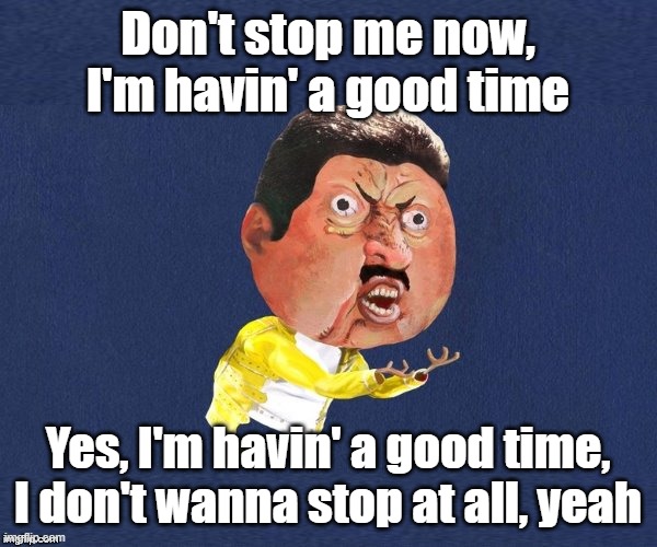 Y U No Freddy Mercury | Don't stop me now, I'm havin' a good time; Yes, I'm havin' a good time, I don't wanna stop at all, yeah | image tagged in y u no freddy mercury | made w/ Imgflip meme maker
