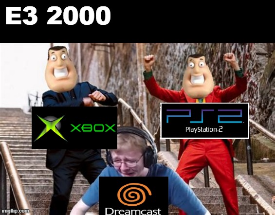 E3 2000 be like… | E3 2000 | image tagged in callmecarson crying on joker stairs,e3,dreamcast,ps2,xbox original,2000s | made w/ Imgflip meme maker