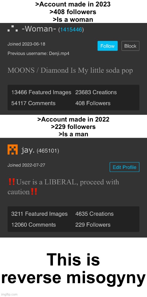 >Account made in 2023
>408 followers
>Is a woman; >Account made in 2022
>229 followers
>Is a man; This is reverse misogyny | made w/ Imgflip meme maker