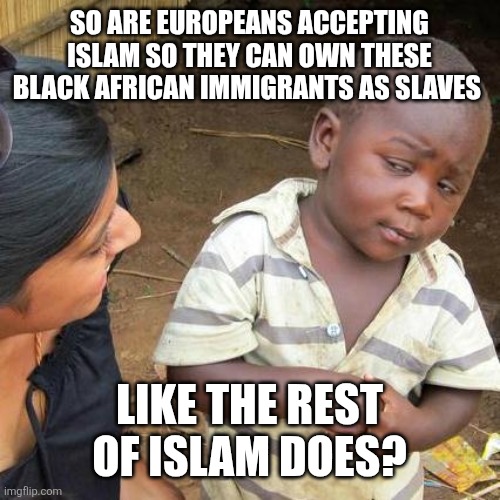 Third World Skeptical Kid | SO ARE EUROPEANS ACCEPTING ISLAM SO THEY CAN OWN THESE BLACK AFRICAN IMMIGRANTS AS SLAVES; LIKE THE REST OF ISLAM DOES? | image tagged in memes,third world skeptical kid | made w/ Imgflip meme maker