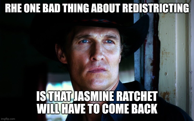 Stares in Texan | RHE ONE BAD THING ABOUT REDISTRICTING IS THAT JASMINE RATCHET WILL HAVE TO COME BACK | image tagged in stares in texan | made w/ Imgflip meme maker