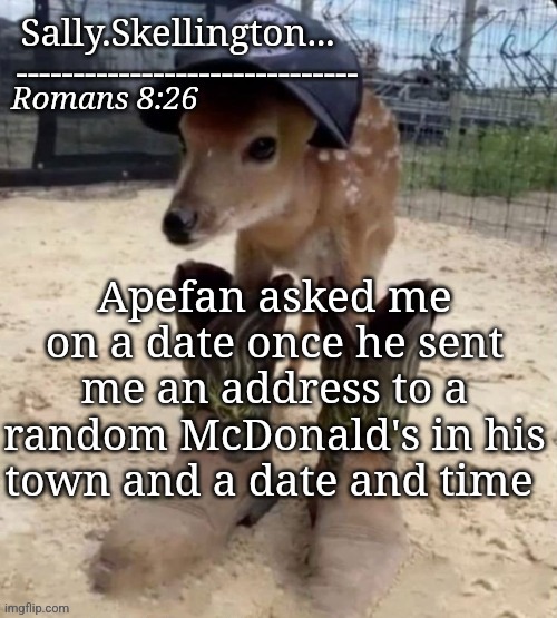 (I didn't show) | Apefan asked me on a date once he sent me an address to a random McDonald's in his town and a date and time | image tagged in sally's temp | made w/ Imgflip meme maker