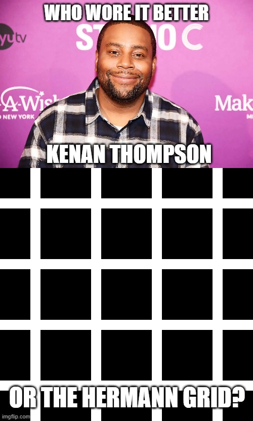 Who Wore It Better Wednesday #274 - Black squares | WHO WORE IT BETTER; KENAN THOMPSON; OR THE HERMANN GRID? | image tagged in memes,who wore it better,kenan thompson,grid,celebrities,optical illusion | made w/ Imgflip meme maker