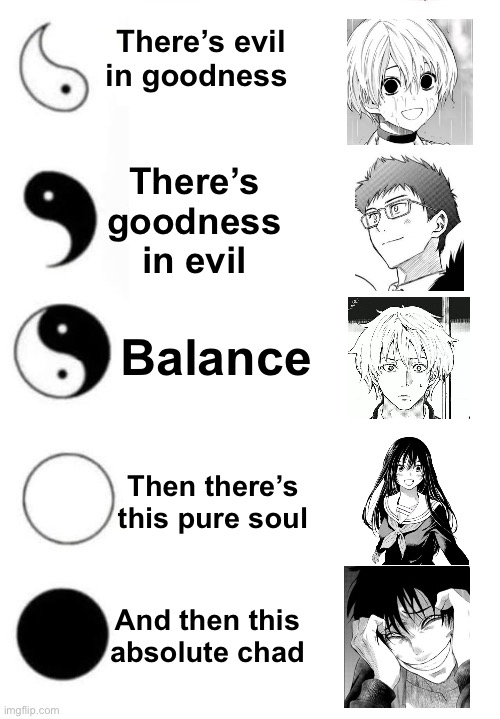 More people should watch and read Tomodachi Game, especially the manga after where the anime leaves off | There’s evil in goodness; There’s goodness in evil; Balance; Then there’s this pure soul; And then this absolute chad | image tagged in tomodachi game,yutori,tenji,makoto,shiho,yuuichi | made w/ Imgflip meme maker