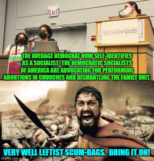They are simply now openly revealing what they really have been all along. | THE AVERAGE DEMOCRAT NOW SELF-IDENTIFIES AS A SOCIALIST.  THE DEMOCRATIC SOCIALISTS OF AMERICA ARE ADVOCATING FOR PERFORMING ABORTIONS IN CHURCHES AND DISMANTLING THE FAMILY UNIT. VERY WELL LEFTIST SCUM-BAGS.  BRING IT ON! | image tagged in sparta leonidas | made w/ Imgflip meme maker