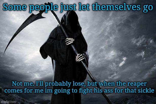 Because | Some people just let themselves go; deadboxprime; Not me. I'll probably lose, but when the reaper comes for me im going to fight his ass for that sickle | image tagged in death | made w/ Imgflip meme maker