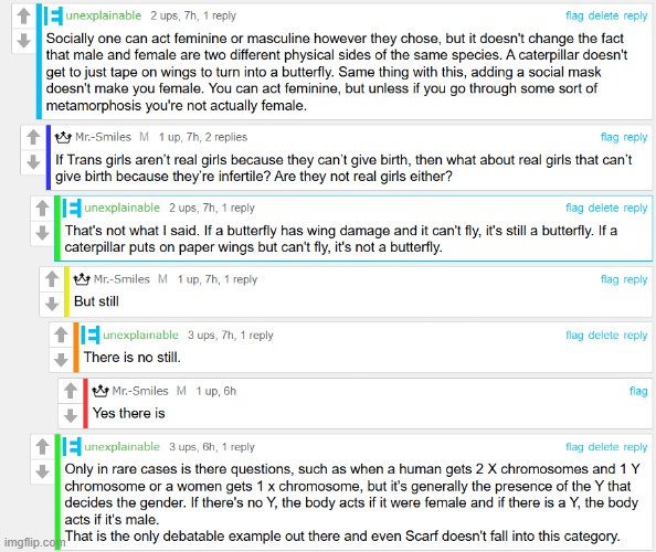 Mr-.Smiles and I on the topic of trans people like scarf (I cut out the fun fact but you can see it in comments) | made w/ Imgflip meme maker