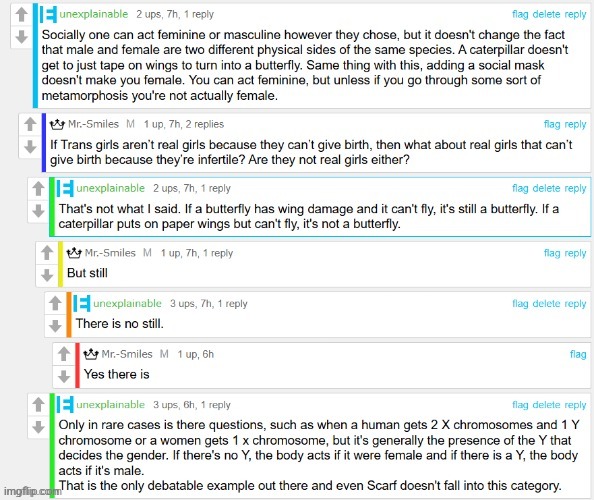 Mr-.Smiles and I on transgender people, this time referring to a trans "girl". Full convo here: https://imgflip.com/i/a2bbek | image tagged in transphobic | made w/ Imgflip meme maker