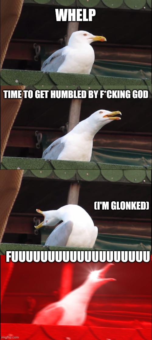 Pov: Streamers in the morning | WHELP; TIME TO GET HUMBLED BY F*CKING GOD; (I'M GLONKED); FUUUUUUUUUUUUUUUUUUU | image tagged in memes,inhaling seagull | made w/ Imgflip meme maker