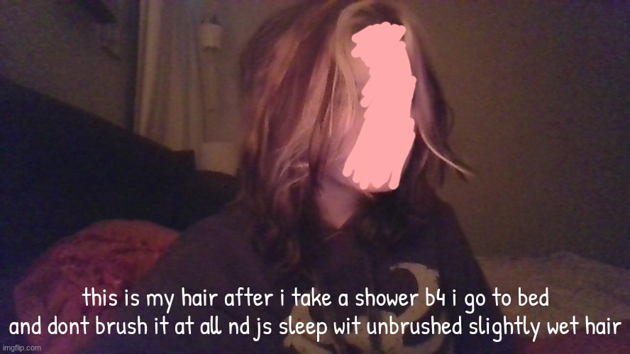 camera doesnt rlly pick it up but its curly and messy | this is my hair after i take a shower b4 i go to bed and dont brush it at all nd js sleep wit unbrushed slightly wet hair | made w/ Imgflip meme maker