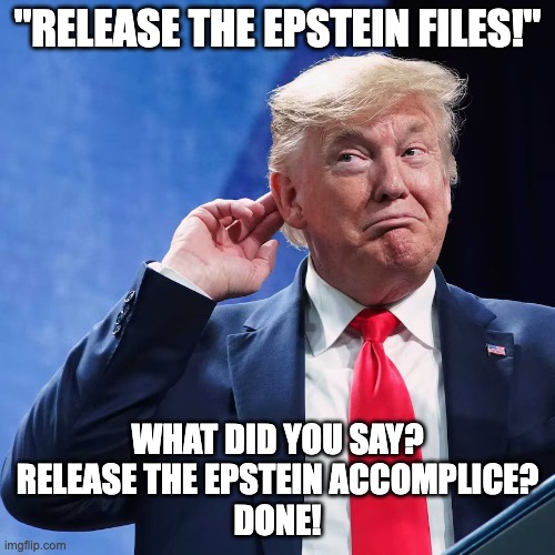 Release The Epstein Accomplice | "RELEASE THE EPSTEIN FILES!"; WHAT DID YOU SAY?
RELEASE THE EPSTEIN ACCOMPLICE?
DONE! | image tagged in release the epstein accomplice | made w/ Imgflip meme maker