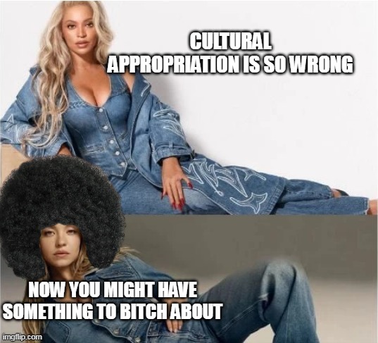 Just a couple of "Black" Gals | CULTURAL APPROPRIATION IS SO WRONG | image tagged in beyonce sweeney jeans ads meme | made w/ Imgflip meme maker