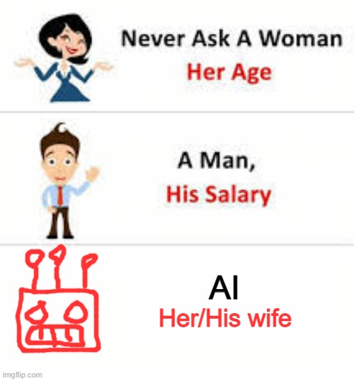 Never ask a woman her age | AI; Her/His wife | image tagged in never ask a woman her age | made w/ Imgflip meme maker