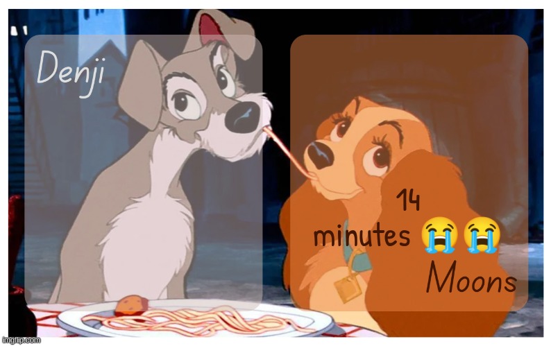 Denji and Moons - Lady And The Tramp temp | 14 minutes 😭😭 | image tagged in denji and moons - lady and the tramp temp | made w/ Imgflip meme maker