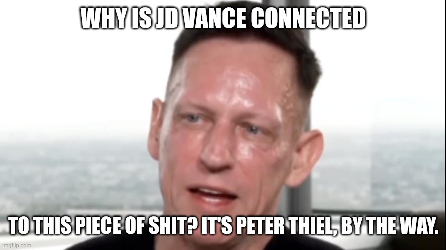"Deep, because you voted for BIDEN! Hurr hurr HURR!" I'm not American. | WHY IS JD VANCE CONNECTED; TO THIS PIECE OF SHIT? IT'S PETER THIEL, BY THE WAY. | image tagged in peter thiel wet | made w/ Imgflip meme maker