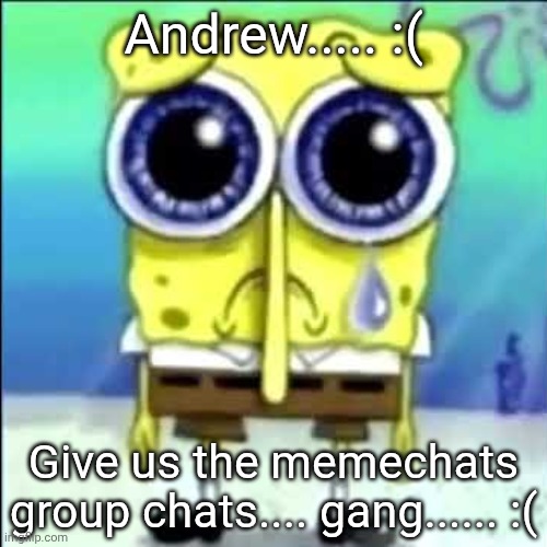 I know you're reading this from the shadows but you need to step into the light | Andrew..... :(; Give us the memechats group chats.... gang...... :( | image tagged in sad spongebob | made w/ Imgflip meme maker