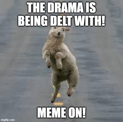 =) | THE DRAMA IS BEING DELT WITH! MEME ON! | image tagged in dancing sheep | made w/ Imgflip meme maker