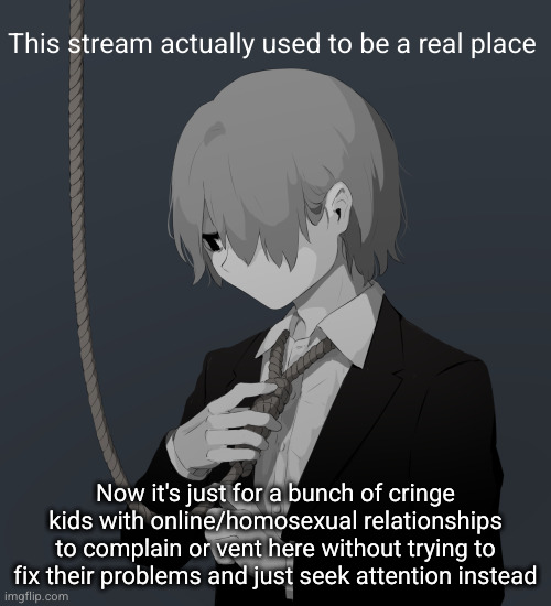 this is why I don't post here as often | This stream actually used to be a real place; Now it's just for a bunch of cringe kids with online/homosexual relationships to complain or vent here without trying to fix their problems and just seek attention instead | image tagged in avogado6 depression,cringe,stupid people | made w/ Imgflip meme maker
