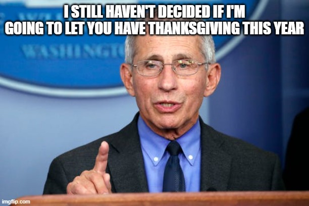 Dr. Fauci | I STILL HAVEN'T DECIDED IF I'M GOING TO LET YOU HAVE THANKSGIVING THIS YEAR | image tagged in dr fauci | made w/ Imgflip meme maker