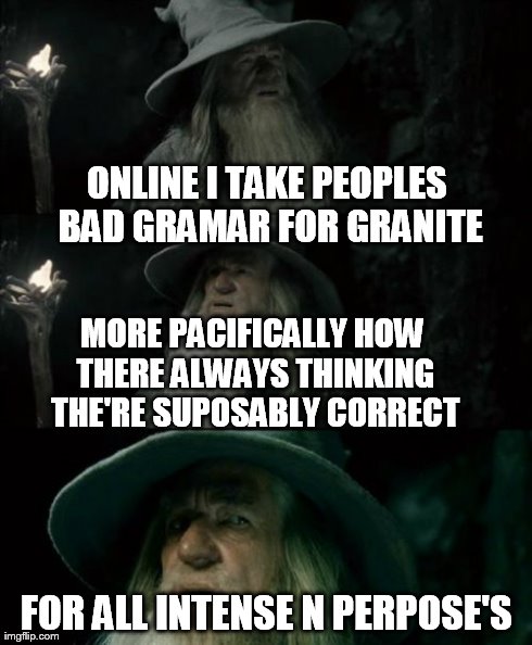 Confused Gandalf | ONLINE I TAKE PEOPLES BAD GRAMAR FOR GRANITE MORE PACIFICALLY HOW THERE ALWAYS THINKING THE'RE SUPOSABLY CORRECT FOR ALL INTENSE N PERPOSE'S | image tagged in memes,confused gandalf | made w/ Imgflip meme maker