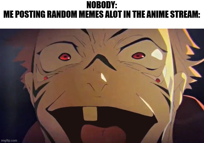 thukuna | NOBODY:
ME POSTING RANDOM MEMES ALOT IN THE ANIME STREAM: | image tagged in thukuna | made w/ Imgflip meme maker