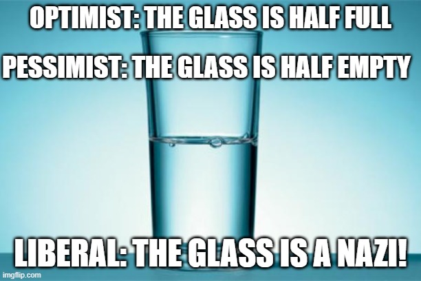 Everything the left hates is a Nazi... even inanimate stuff. | OPTIMIST: THE GLASS IS HALF FULL; PESSIMIST: THE GLASS IS HALF EMPTY; LIBERAL: THE GLASS IS A NAZI! | image tagged in glass half full,nazi,memes,libtards,demoncrats | made w/ Imgflip meme maker