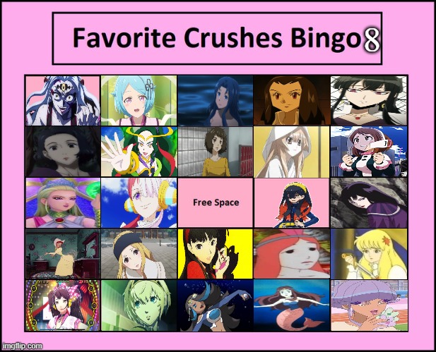 Favorite crushes bingo 8 | 8 | image tagged in favorite crushes bingo,8,anime,videogames,movies,mythical creatures | made w/ Imgflip meme maker