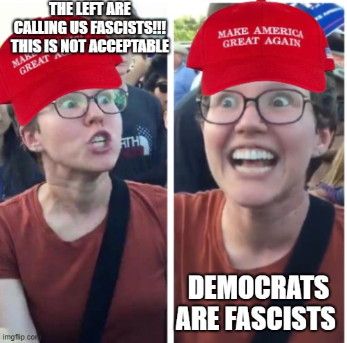 Maga Hypocrisy | THE LEFT ARE CALLING US FASCISTS!!! THIS IS NOT ACCEPTABLE DEMOCRATS ARE FASCISTS | image tagged in maga hypocrisy | made w/ Imgflip meme maker