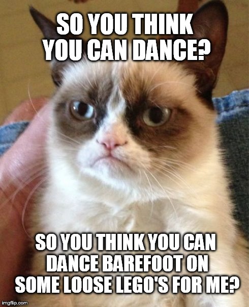 Grumpy Cat Meme | SO YOU THINK YOU CAN DANCE? SO YOU THINK YOU CAN DANCE BAREFOOT ON SOME LOOSE LEGO'S FOR ME? | image tagged in memes,grumpy cat | made w/ Imgflip meme maker