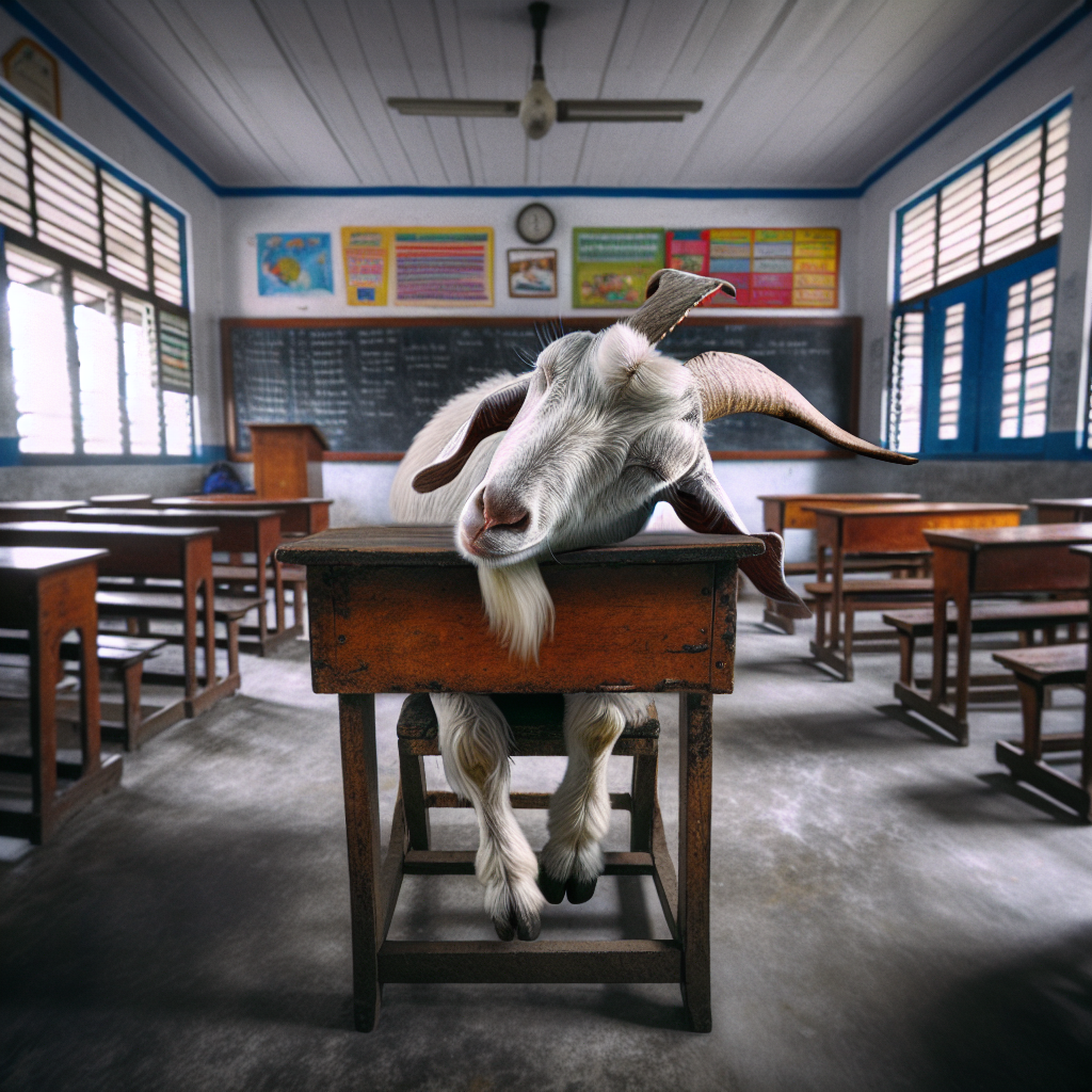 a goat that fell asleep on it's desk in school Blank Meme Template