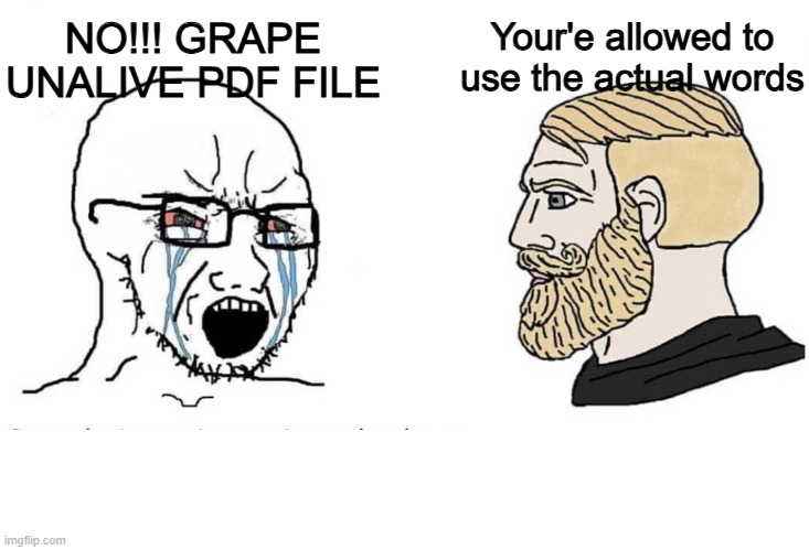 Yall sound so goofy | NO!!! GRAPE
UNALIVE PDF FILE; Your'e allowed to use the actual words | image tagged in soyboy vs yes chad,memes,funny,so true,relatable | made w/ Imgflip meme maker
