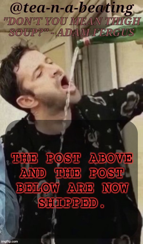 Rage In The Comments | THE POST ABOVE
AND THE POST
BELOW ARE NOW
SHIPPED. | image tagged in tnab thigh soup,post above meme,post below meme,shipping,hypothetical,slash j | made w/ Imgflip meme maker