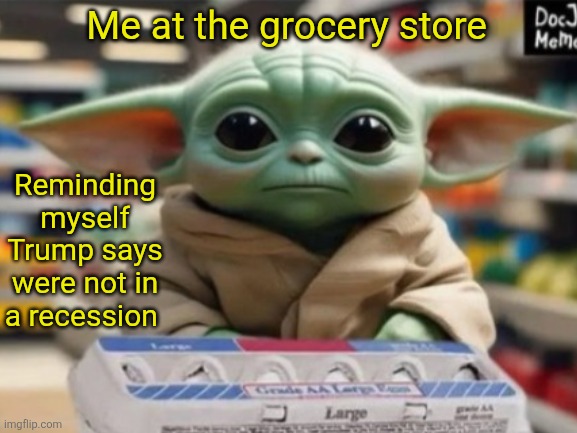 When Trump says we're in the best economy in history I wish he actually went grocery shopping. | Me at the grocery store; Reminding myself Trump says were not in a recession | image tagged in donald trump,groceries are expensive don,maga pays more to,prices rising | made w/ Imgflip meme maker