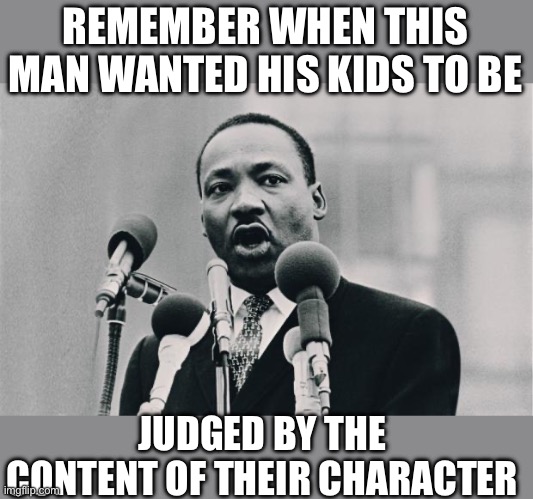 MLK jr. "I have a dream" | REMEMBER WHEN THIS MAN WANTED HIS KIDS TO BE JUDGED BY THE CONTENT OF THEIR CHARACTER | image tagged in mlk jr i have a dream | made w/ Imgflip meme maker