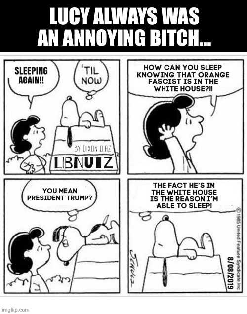 Libnutz… | LUCY ALWAYS WAS AN ANNOYING BITCH… | image tagged in political meme,libnutz,comics,president trump,lucy,snoopy | made w/ Imgflip meme maker