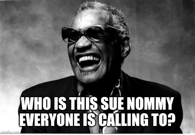 Ray Charles | WHO IS THIS SUE NOMMY EVERYONE IS CALLING TO? | image tagged in ray charles | made w/ Imgflip meme maker