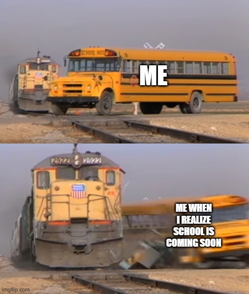 Idk | ME; ME WHEN I REALIZE SCHOOL IS COMING SOON | image tagged in a train hitting a school bus | made w/ Imgflip meme maker