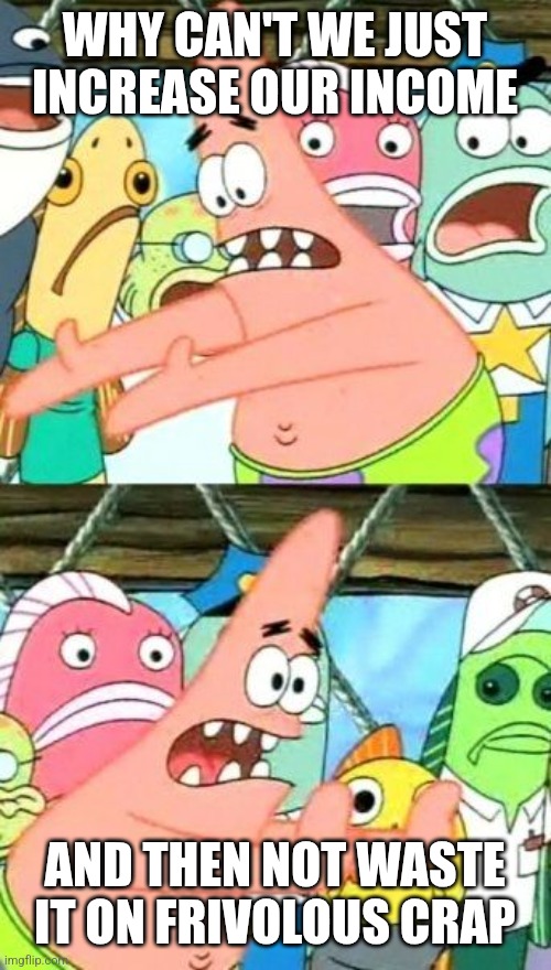 Put It Somewhere Else Patrick Meme | WHY CAN'T WE JUST INCREASE OUR INCOME AND THEN NOT WASTE IT ON FRIVOLOUS CRAP | image tagged in memes,put it somewhere else patrick | made w/ Imgflip meme maker