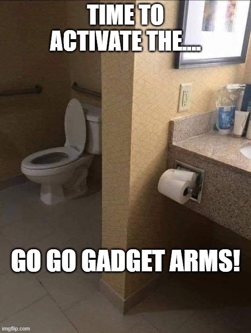 WHY??? Someone did not think this through | TIME TO ACTIVATE THE.... GO GO GADGET ARMS! | image tagged in bathroom,toilet paper,inspector gadget | made w/ Imgflip meme maker