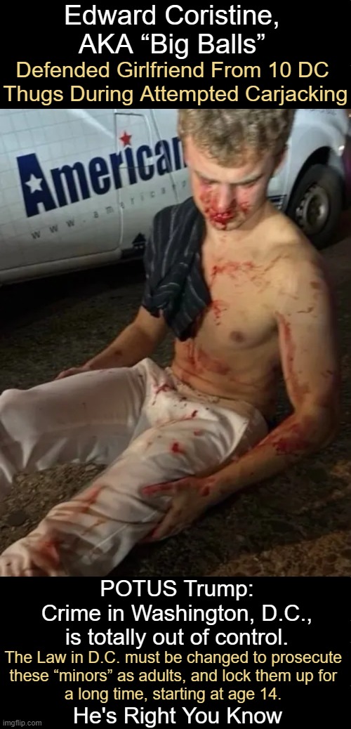 Two 15-year-old suspects from Maryland were taken into custody & charged with unarmed carjacking | Edward Coristine, AKA “Big Balls”; Defended Girlfriend From 10 DC 
Thugs During Attempted Carjacking; POTUS Trump:
Crime in Washington, D.C., is totally out of control. The Law in D.C. must be changed to prosecute 
these “minors” as adults, and lock them up for 
a long time, starting at age 14. He's Right You Know | image tagged in stealing,car,protected girlfriend,you are a good man thank you,punishment,law and order | made w/ Imgflip meme maker
