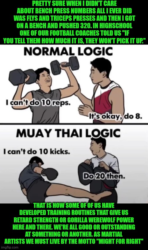 Funny | PRETTY SURE WHEN I DIDN'T CARE ABOUT BENCH PRESS NUMBERS ALL I EVER DID WAS FLYS AND TRICEPS PRESSES AND THEN I GOT ON A BENCH AND PUSHED 320. IN HIGHSCHOOL ONE OF OUR FOOTBALL COACHES TOLD US "IF YOU TELL THEM HOW MUCH IT IS, THEY WON'T PICK IT UP."; THAT IS HOW SOME OF OF US HAVE DEVELOPED TRAINING ROUTINES THAT GIVE US RETARD STRENGTH OR GORILLA WEREWOLF POWER HERE AND THERE. WE'RE ALL GOOD OR OUTSTANDING AT SOMETHING OR ANOTHER. AS MARTIAL ARTISTS WE MUST LIVE BY THE MOTTO "MIGHT FOR RIGHT" | image tagged in funny,martial arts,strength,training,weight lifting,life lessons | made w/ Imgflip meme maker