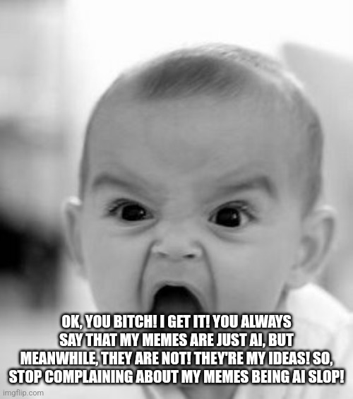 Angry Baby Meme | OK, YOU BITCH! I GET IT! YOU ALWAYS SAY THAT MY MEMES ARE JUST AI, BUT MEANWHILE, THEY ARE NOT! THEY'RE MY IDEAS! SO, STOP COMPLAINING ABOUT | image tagged in memes,angry baby | made w/ Imgflip meme maker